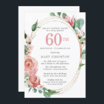 Pink Floral 60th Birthday Party Kaart<br><div class="desc">Een zacht pastelroze creëer een prachtig bloemontwerp op deze elegante 60ste verjaardagsuitnodiging. De rode rozen worden in diepe groene bladeren genaaid. De rozen en bladeren versieren een chic multi-strand goud lijst. De 60ste is geschreven in een grote rode tekst. De rest van de tekst is donkergrijs. De achterkant van de...</div>