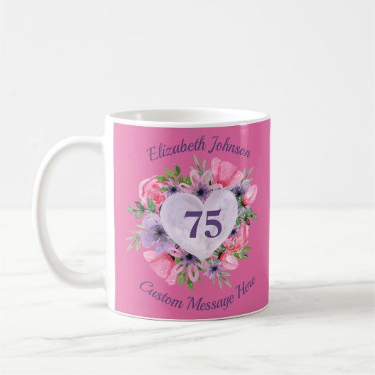 Pink Floral 75e verjaardag Mok voor vrouwen (Links)