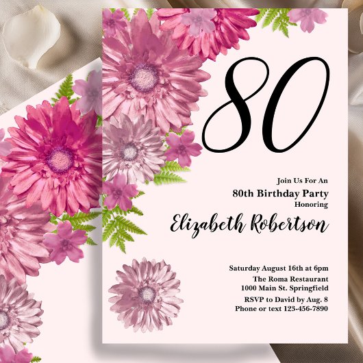 Pink Floral 80th Birthday Invitation in Blush Pink Kaart