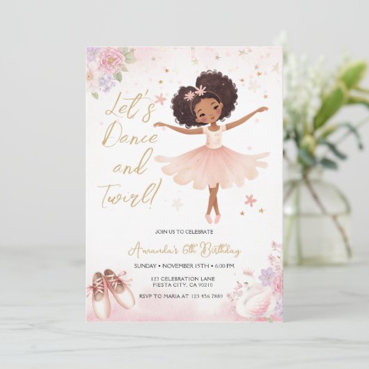 Pink Floral African America Ballerina Birthday Kaart (Staand voorkant)