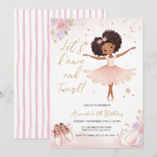 Pink Floral African America Ballerina Birthday Kaart (Voorkant / Achterkant)