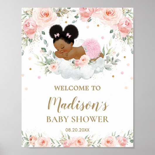 Pink Floral African American Baby shower Welcome Poster (Voorkant)