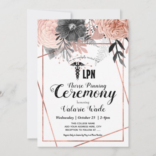Pink Floral Afstuderen LPN Nurse Pinning Kaart (Voorkant)