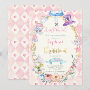 Pink Floral Alice in ONEderland Birthday Tea Party Kaart