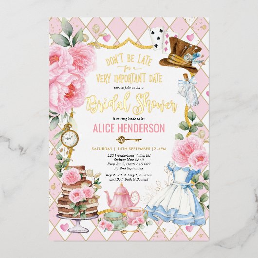 Pink Floral Alice in Wonderland Vrijgezellenfeest  Folie Uitnodiging (Voorkant)