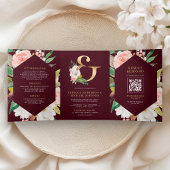 Pink Floral Ampersand Burgundy QR Code Wedding Drieluik Uitnodiging