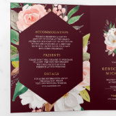 Pink Floral Ampersand Burgundy QR Code Wedding Drieluik Uitnodiging (Binnenzijde eerst)