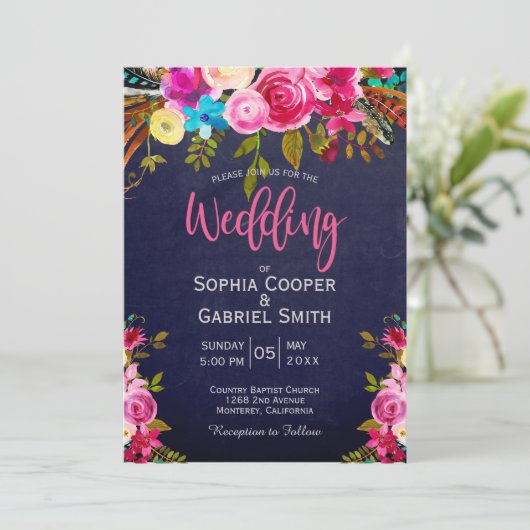 Pink Floral and Blue Typography Wedding Invitation (Staand voorkant)