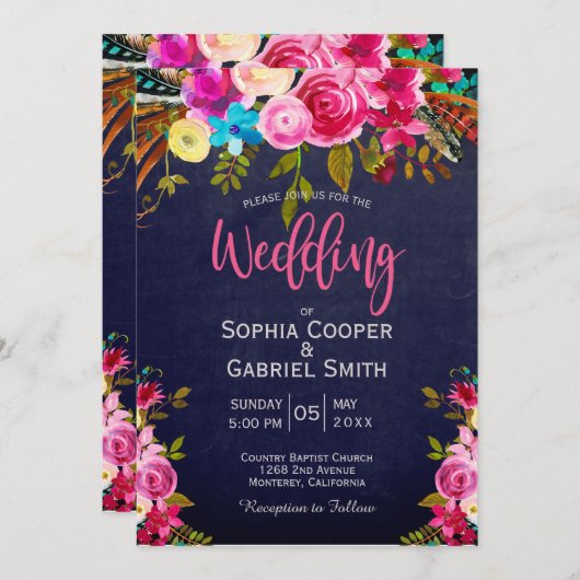 Pink Floral and Blue Typography Wedding Invitation (Voorkant / Achterkant)