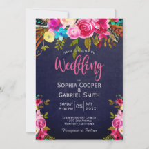 Pink Floral and Blue Typography Wedding Invitation