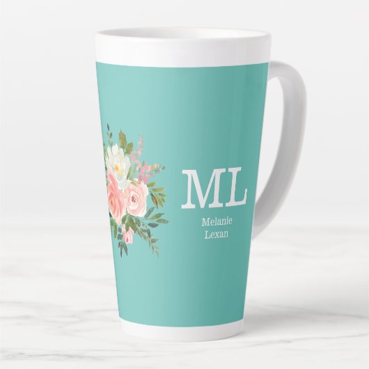 Pink Floral and Teal Monogram    Latte Mok (Rechterhoek)