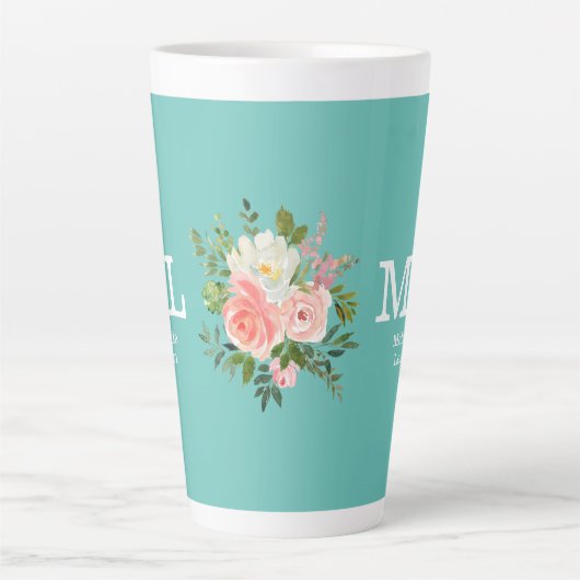 Pink Floral and Teal Monogram    Latte Mok (Voorkant)