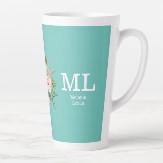 Pink Floral and Teal Monogram Latte Mok (Rechts)