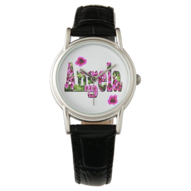 Pink Floral Angela Name Logo, Horloge (Voorkant)