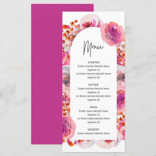 Pink Floral Arch Petals en Prosecco Vrijgezellenfe Menu (Voorkant / Achterkant)