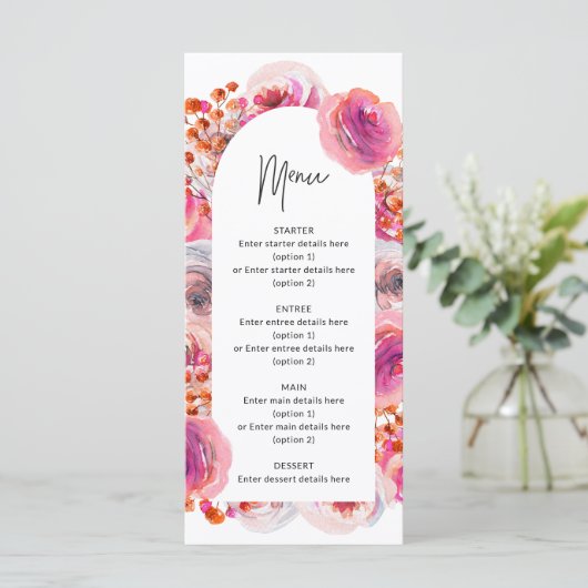Pink Floral Arch Petals en Prosecco Vrijgezellenfe Menu (Staand voorkant)