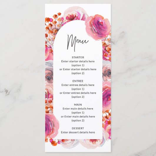 Pink Floral Arch Petals en Prosecco Vrijgezellenfe Menu (Voorkant)