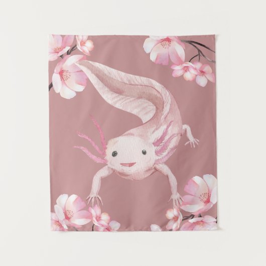 Pink Floral Axolotl Tapestry Wandkleed (Voorkant)