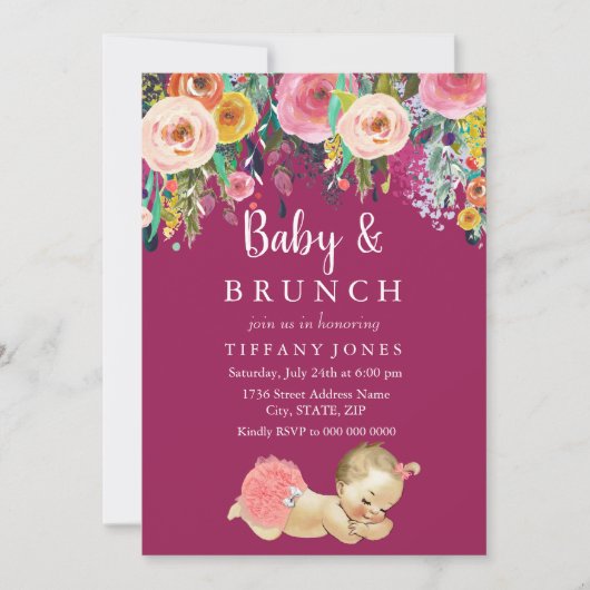Pink Floral  Baby Brunch Baby shower Invite Kaart (Voorkant)