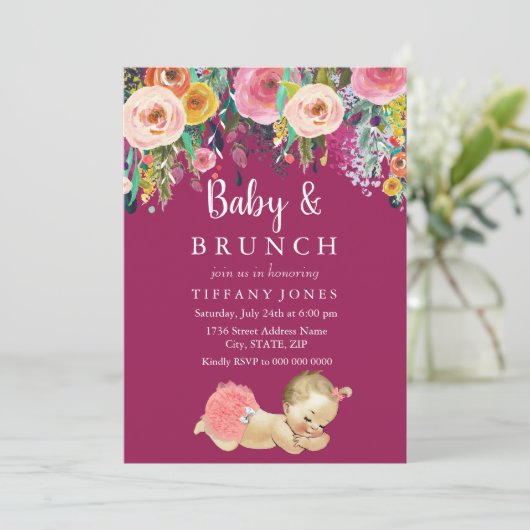 Pink Floral  Baby Brunch Baby shower Invite Kaart (Staand voorkant)