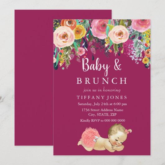 Pink Floral  Baby Brunch Baby shower Invite Kaart (Voorkant / Achterkant)
