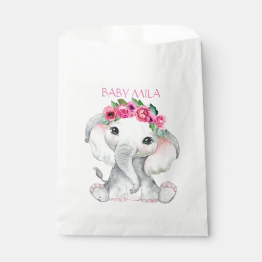 Pink floral baby elephant baby shower favor bedankzakje (Voorkant)