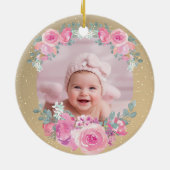 Pink Floral Baby Girl First Christmas Keramisch Ornament (Achterkant)