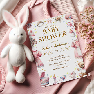 Pink Floral Baby Girl Shower Invitation with Toys  Kaart