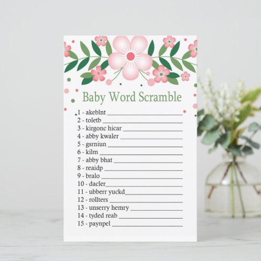Pink Floral Baby word scramble game (Staand voorkant)