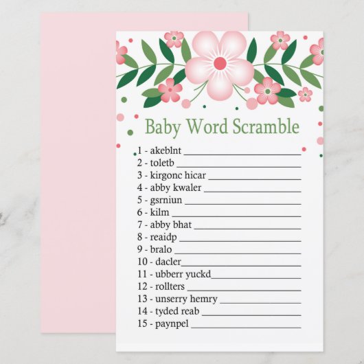 Pink Floral Baby word scramble game (Voorkant / Achterkant)