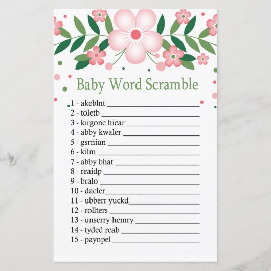 Pink Floral Baby word scramble game (Voorkant)