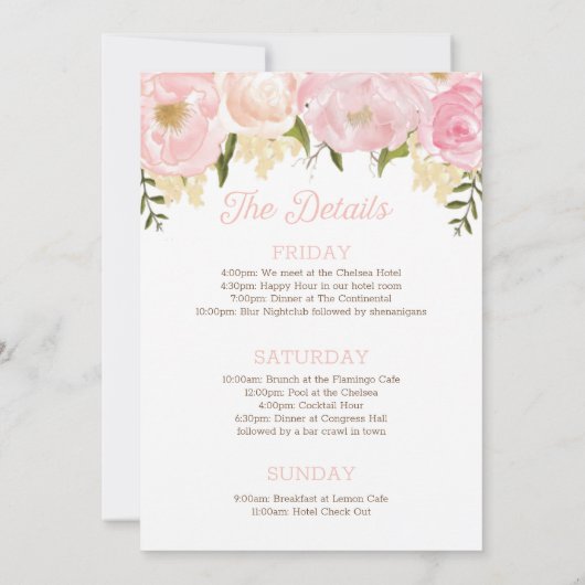 Pink Floral Bachelorette Weekend Itinerary Kaart (Achterkant)