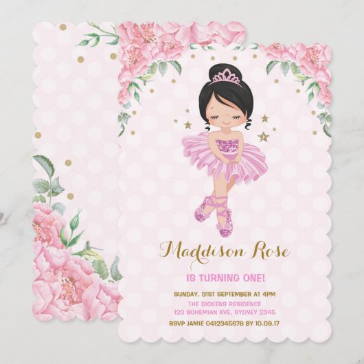 Pink Floral Ballerina Ballet Tutu Birthday Invite Kaart (Voorkant / Achterkant)