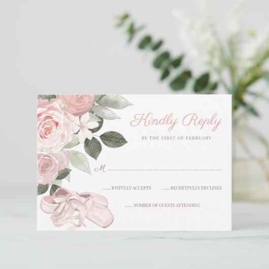 Pink Floral Ballet Bat Mitzvah RSVP Kaartje (Staand voorkant)