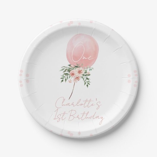 Pink Floral ballon First Birthday Bord (Voorkant)