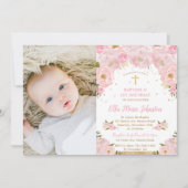 Pink Floral Baptism 1e verjaardag Foto Kaart (Voorkant)