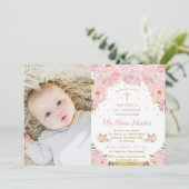 Pink Floral Baptism 1e verjaardag Foto Kaart (Staand voorkant)