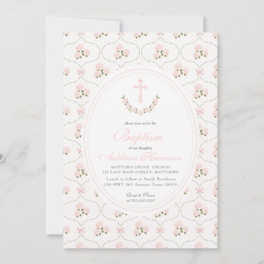 Pink floral Baptism Invitation, Girl Baptism,  Kaart (Voorkant)