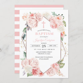 Pink Floral Baptism Invitation Kaart