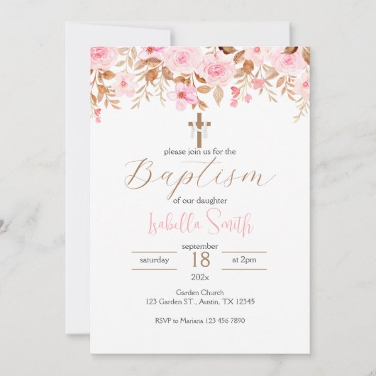 Pink Floral Baptism Invitation Kaart (Voorkant)