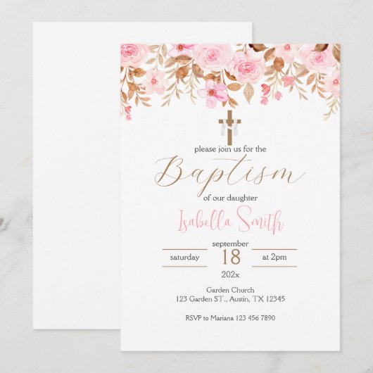 Pink Floral Baptism Invitation Kaart (Voorkant / Achterkant)