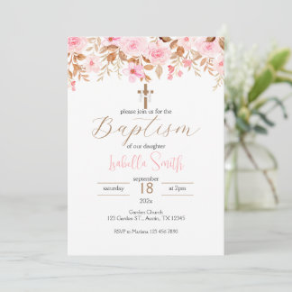Pink Floral Baptism Invitation Kaart