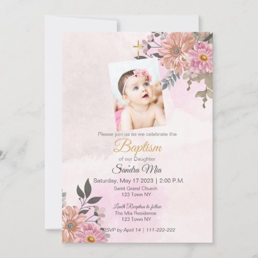 Pink Floral Baptism Invitation Kaart (Voorkant)