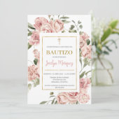 Pink Floral Baptism uitnodigen in het Spaans Kaart (Staand voorkant)
