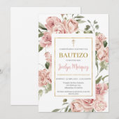 Pink Floral Baptism uitnodigen in het Spaans Kaart (Voorkant / Achterkant)