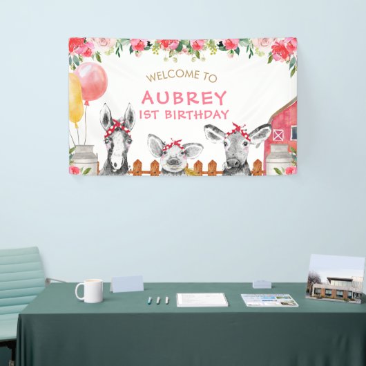 Pink Floral Barnyard Boerderij Farmyard Birthday B Spandoek (Beurs)