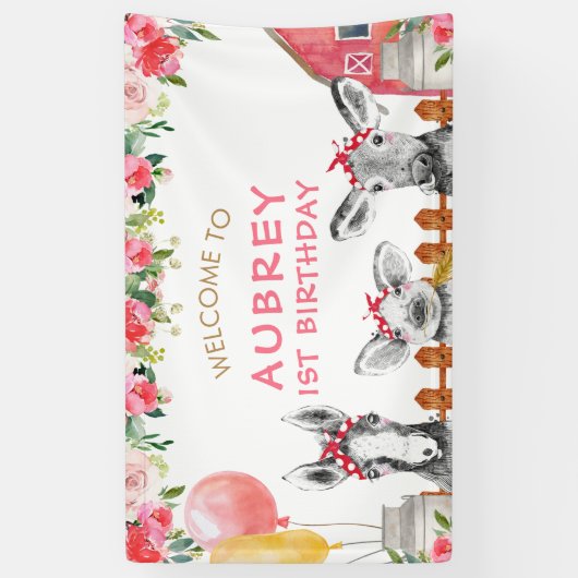 Pink Floral Barnyard Boerderij Farmyard Birthday B Spandoek (Verticaal)