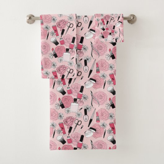 Pink Floral Beauty Products Patroon Bad Handdoek (Insitu)