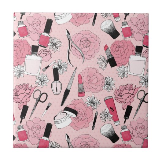 Pink Floral Beauty Products Patroon Tegeltje (Voorkant)