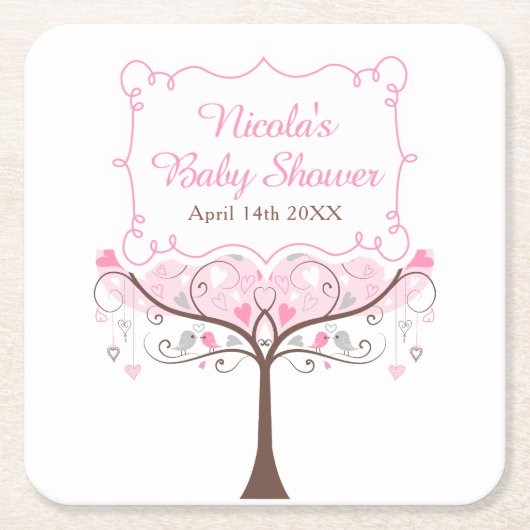Pink Floral Bird Baby Shower  Kartonnen Onderzetters (Voorkant)